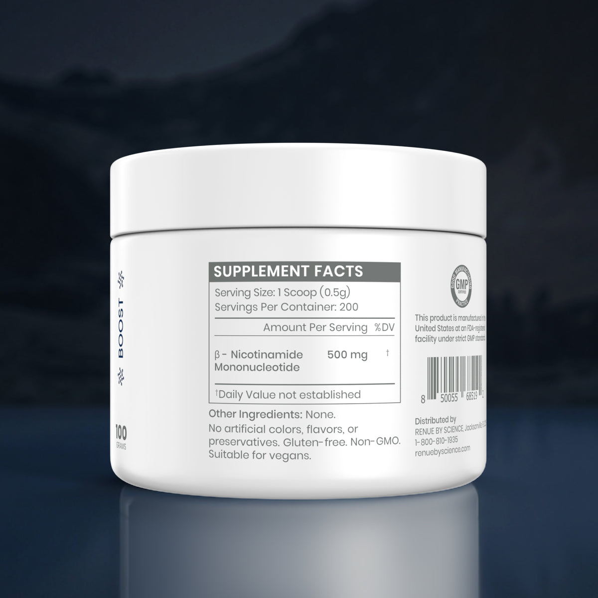 A white plastic supplement jar shown from the back, displaying the Supplement Facts label, on a dark reflective background.