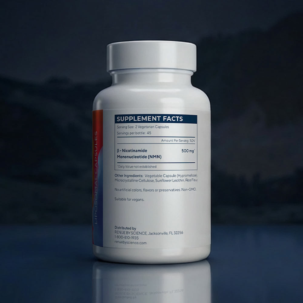 Supplement bottle with label on a dark background