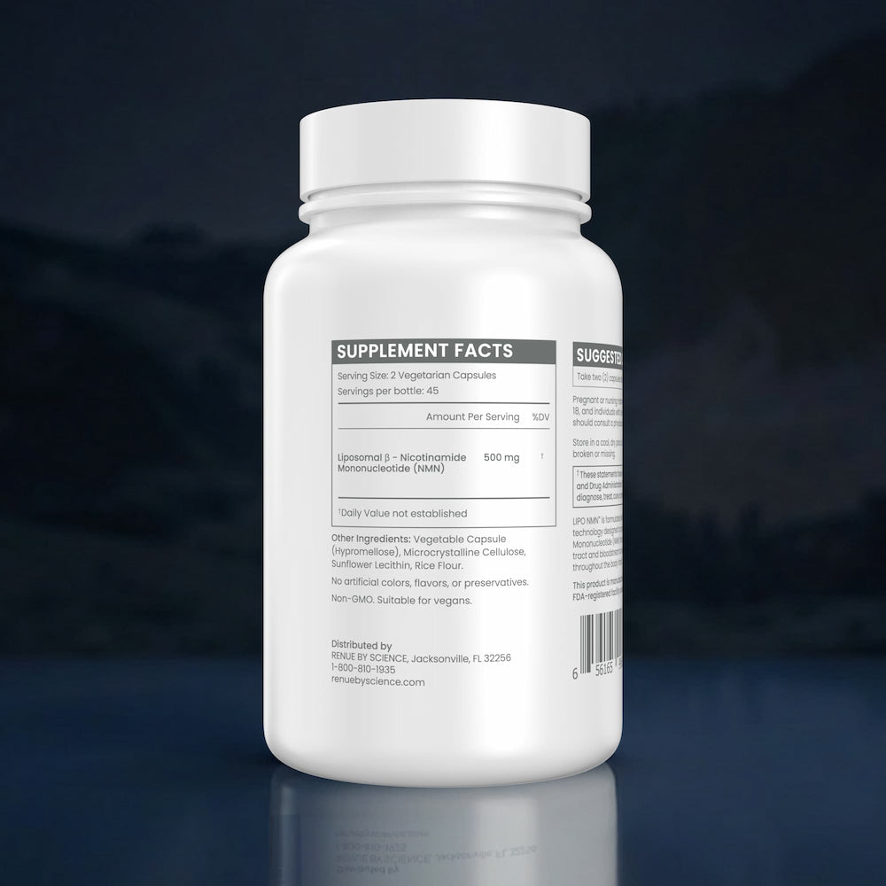 Supplement bottle with label on a dark background