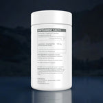 A white plastic bottle of IPC Nutrition IP-MAN+ dietary supplement capsules, showing the supplement facts label, set against a dark blue reflective background.