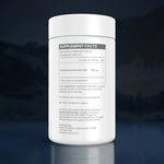 A white plastic supplement bottle with a white cap, showing the Supplement Facts label. The label text is partially obscured by a semi-transparent rectangular overlay, but the bottle is photographed on a dark blue gradient background with a soft reflection below.