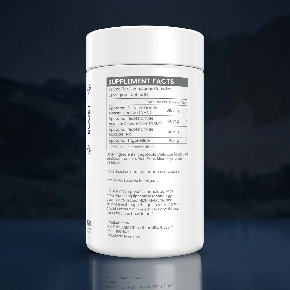 A white plastic bottle of UPNMD Complexe dietary supplement facts label, shown on a dark blue reflective background.