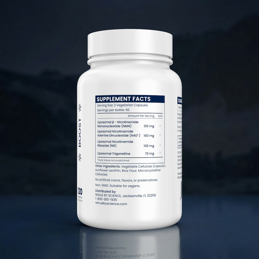 Supplement bottle with label on a dark background