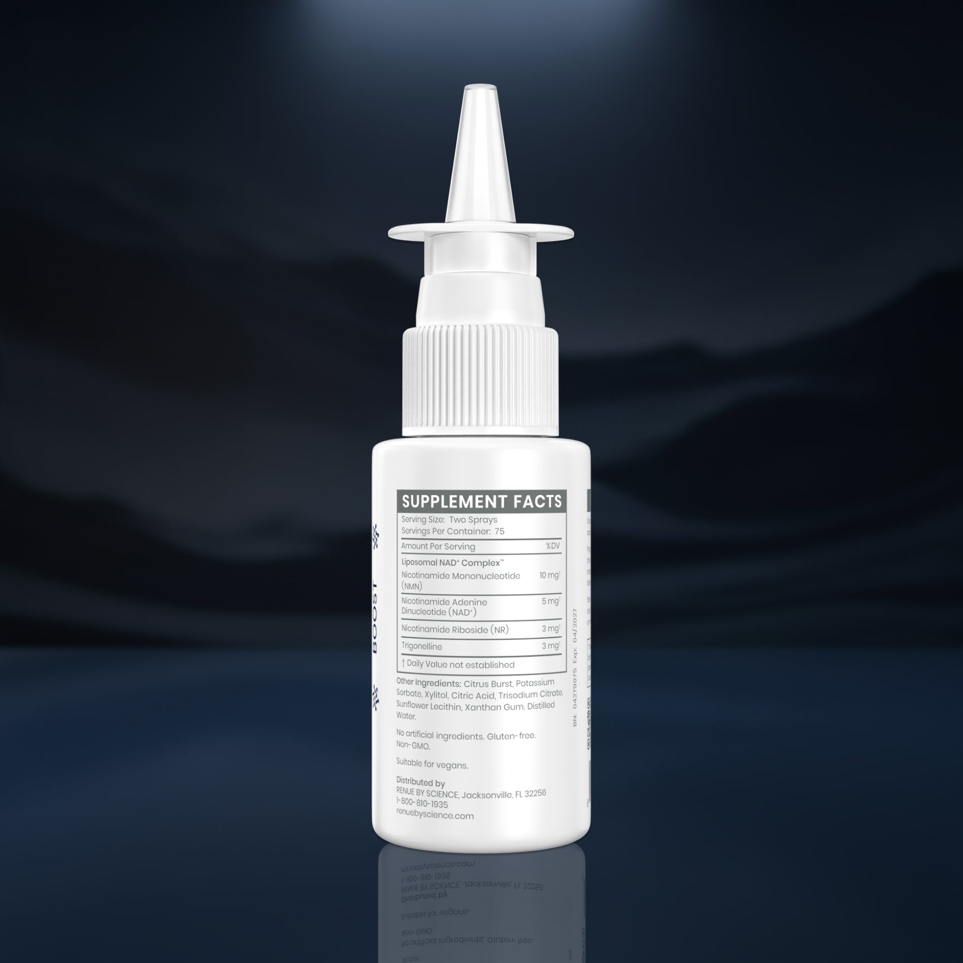 A white plastic dropper bottle with a pointed applicator cap, shown from the back with a supplement facts label visible, set against a dark blue gradient background with a subtle reflection below.