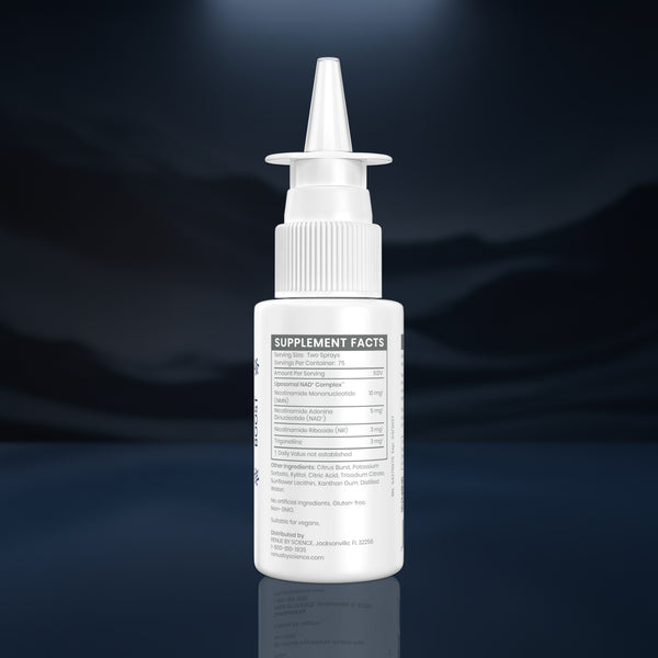 A white plastic dropper bottle with a pointed applicator cap, shown from the back with a supplement facts label visible, set against a dark blue gradient background with a subtle reflection below.