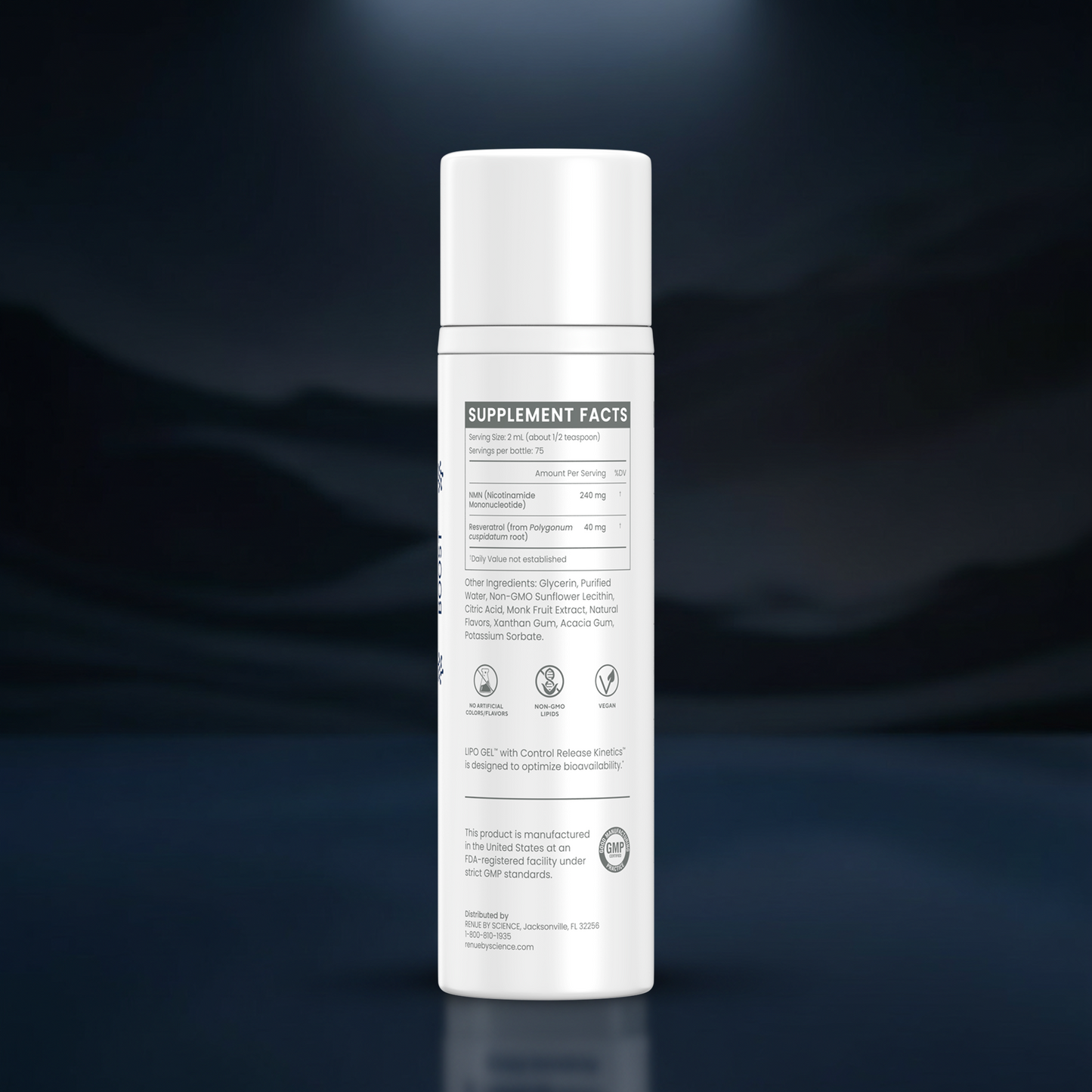 A white cylindrical supplement bottle shown from the back, featuring a white cap and a white label with black text reading 'SUPPLEMENT FACTS' and ingredient details, set against a dark blue gradient background.