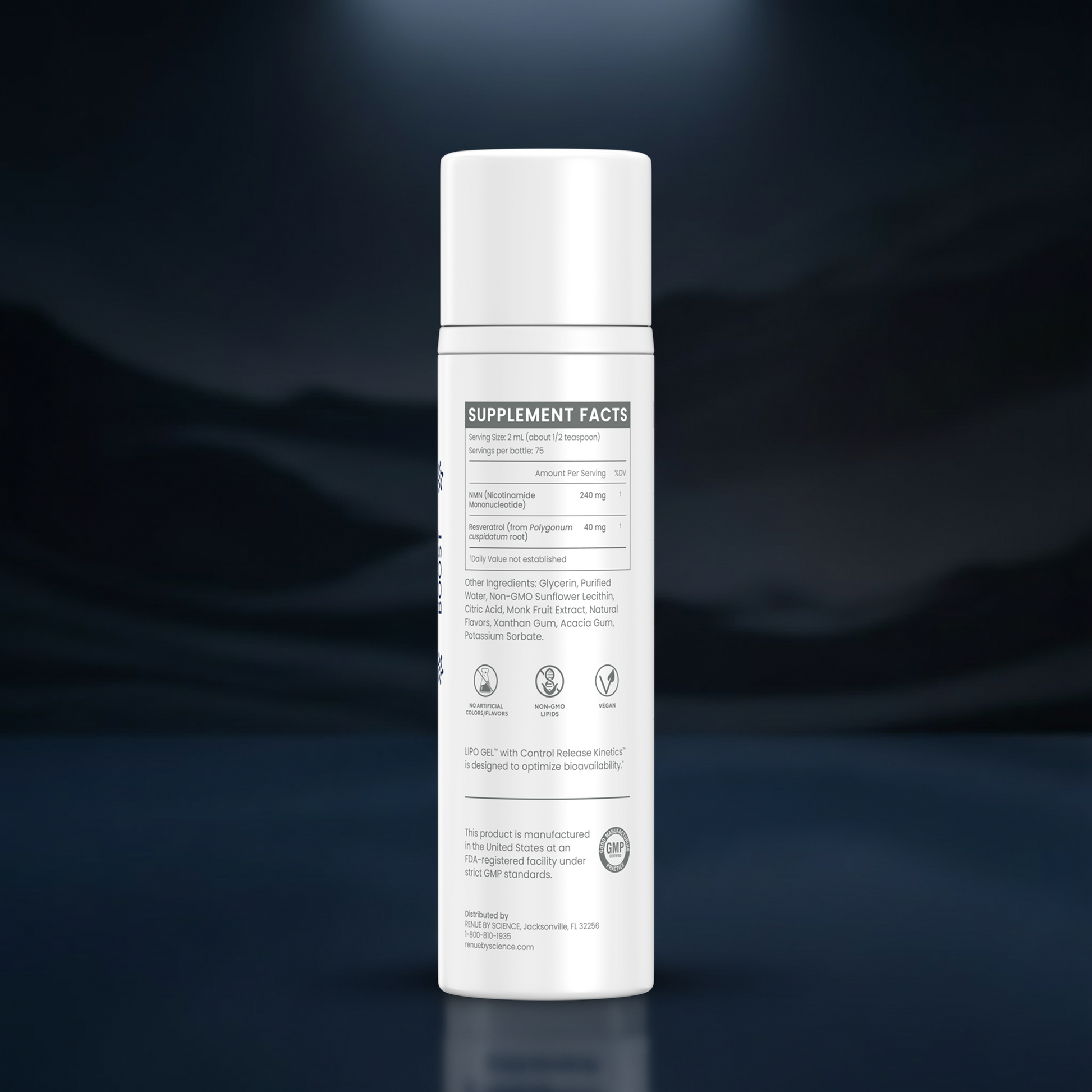 A white cylindrical supplement bottle shown from the back, featuring a white cap and a white label with black text reading 'SUPPLEMENT FACTS' and ingredient details, set against a dark blue gradient background.
