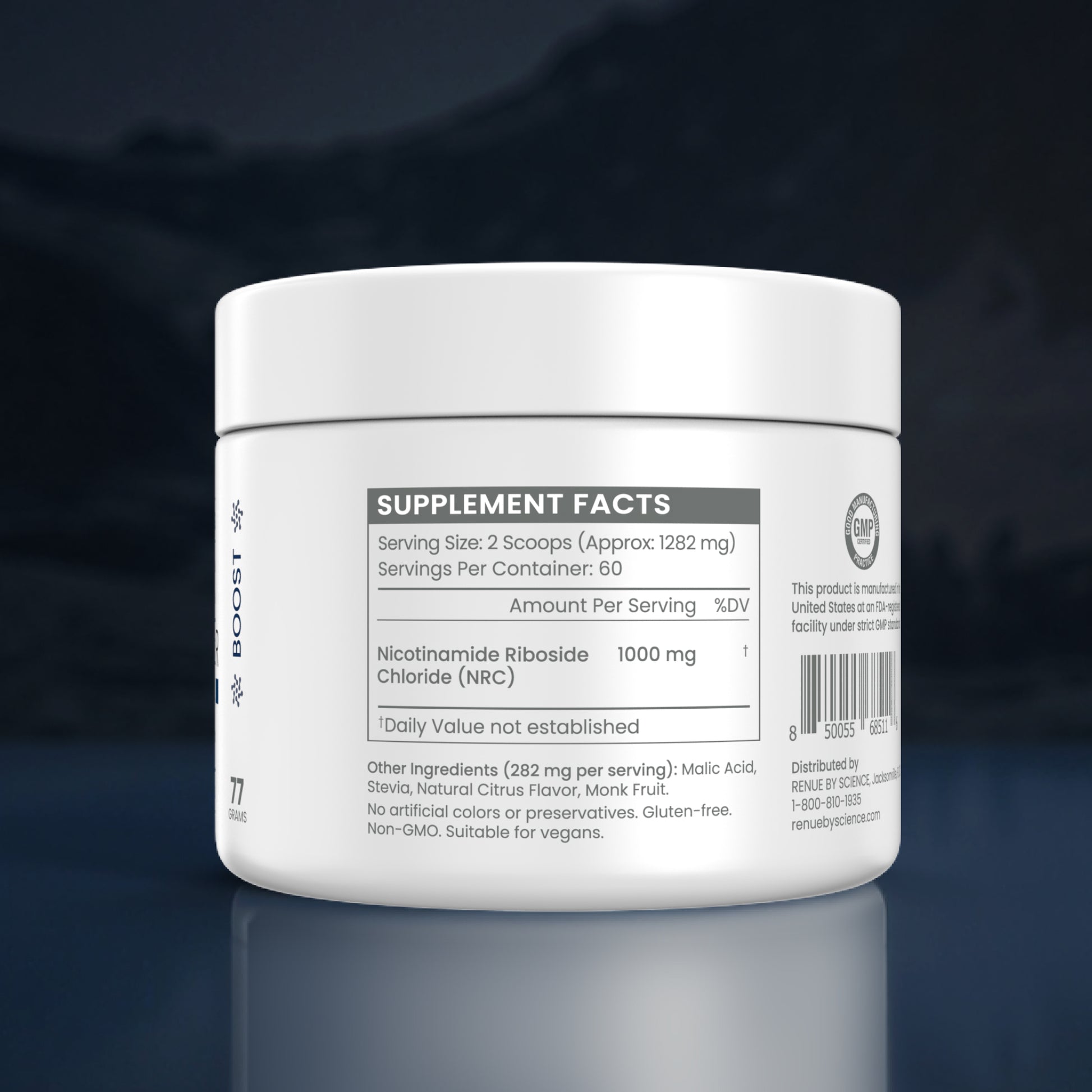A white plastic tub of a dietary supplement with a white lid, showing the back label with 'Supplement Facts' and other ingredients, set against a dark blue gradient background with a reflection below.