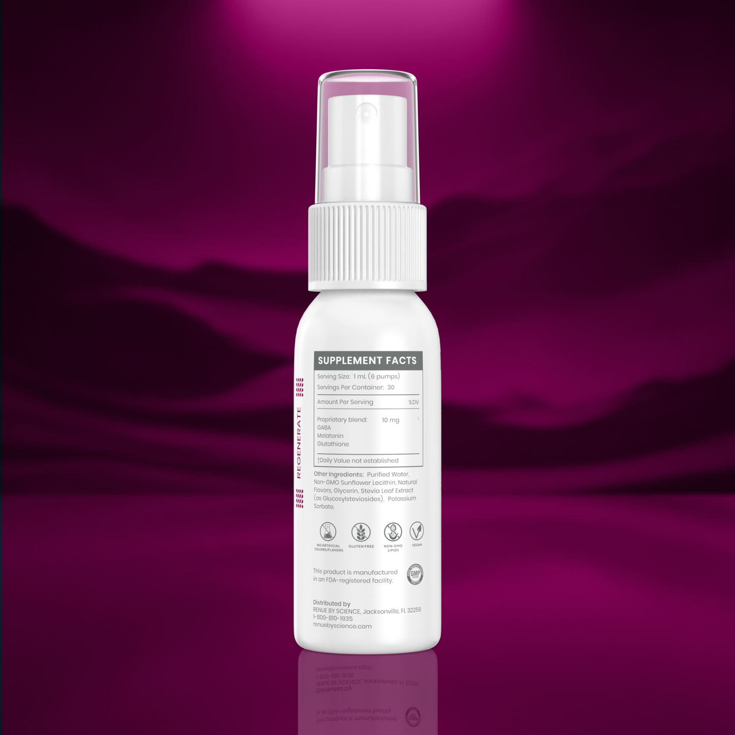 A white spray bottle with a clear cap and a ribbed white collar, shown from the back against a dark purple gradient background with a subtle reflection at the bottom.