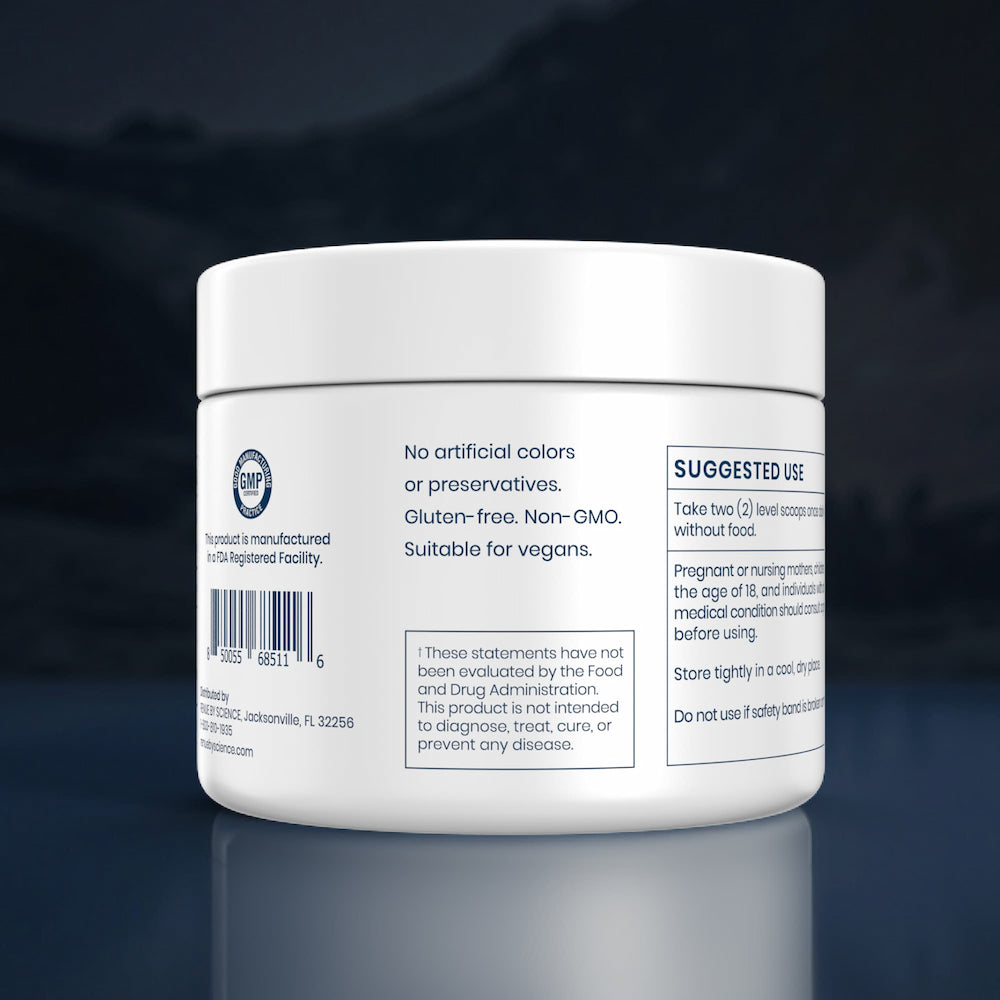 White jar with label on a dark reflective surface