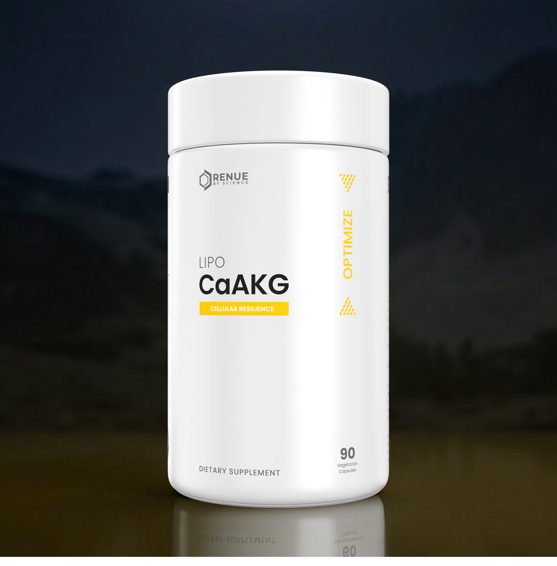 A white cylindrical supplement bottle labeled 'BRENUE HEALTH' and 'LIPO CaAKG' with yellow accents, standing on a reflective dark surface against a dark blurred background.