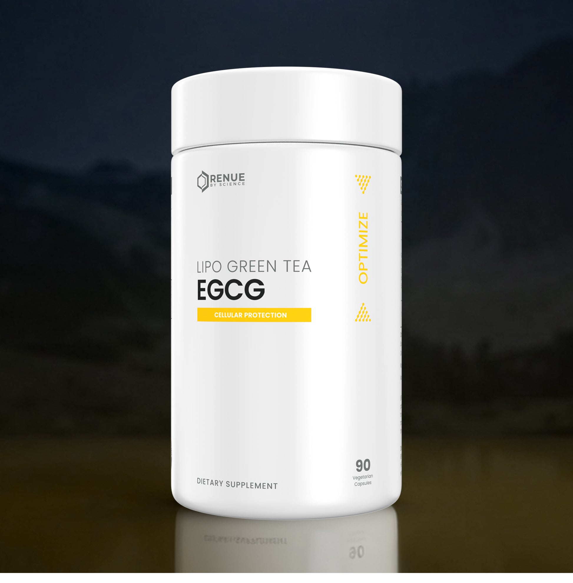 A white cylindrical supplement container labeled 'Lipo Green Tea ECG' by Benue Nutrition, shown on a dark reflective surface against a dark blurred background.