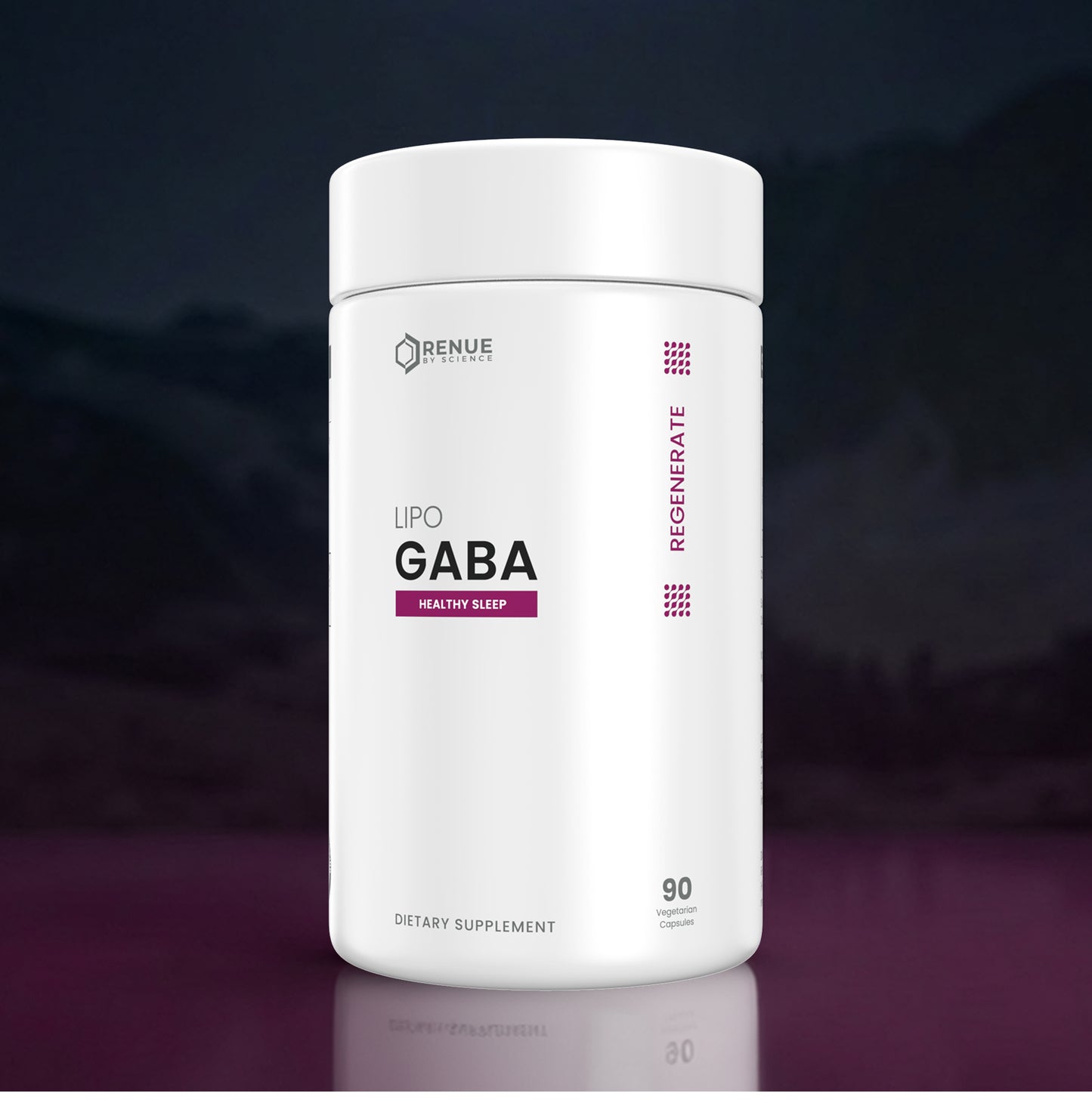 A white cylindrical bottle of Renue Labs LPO GABA Healthy Sleep dietary supplement, set against a dark, moody background with a purple reflection on the surface below.