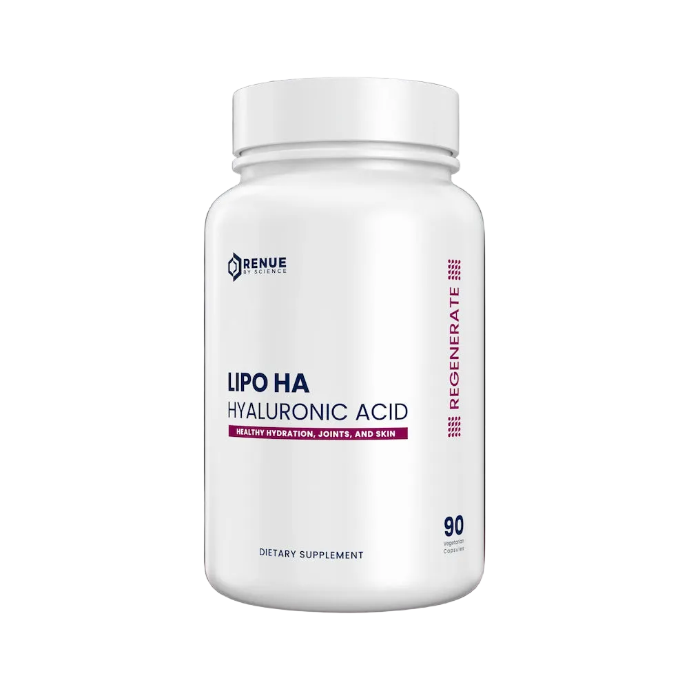 Supplement bottle labeled 'Lipo HA Hyaluronic Acid' on a reflective surface with a dark background