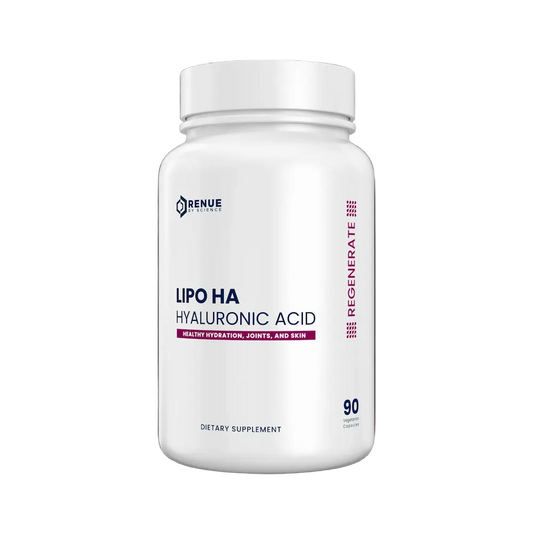 Supplement bottle labeled 'Lipo HA Hyaluronic Acid' on a reflective surface with a dark background