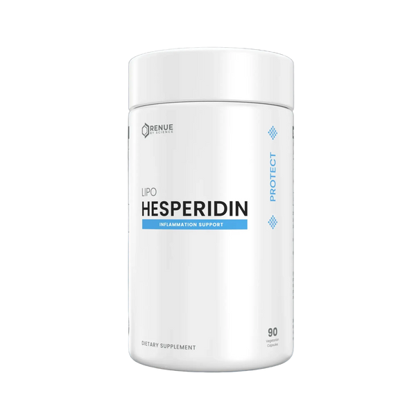A white cylindrical bottle of Renue LPO Hesperidin dietary supplement, featuring a clean white label with blue and black text, set against a dark blue, misty background with a subtle reflection below.