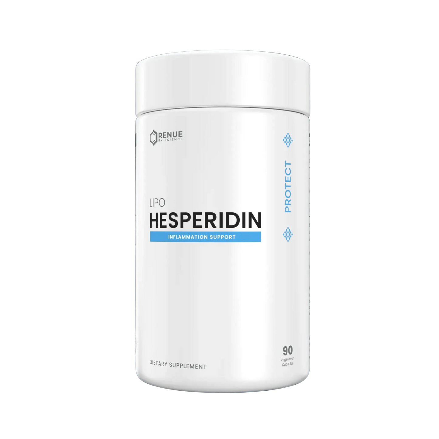 A white cylindrical bottle of Renue LPO Hesperidin dietary supplement, featuring a clean white label with blue and black text, set against a dark blue, misty background with a subtle reflection below.