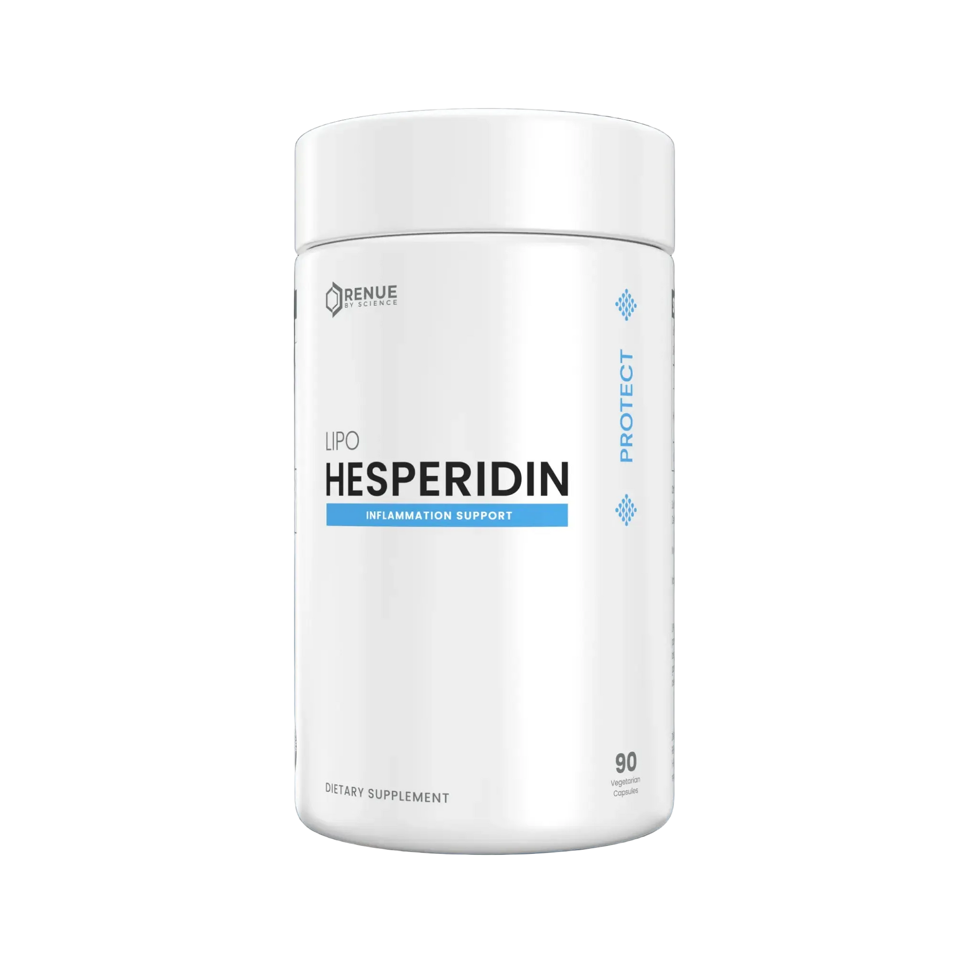 A white cylindrical bottle of Renue LPO Hesperidin dietary supplement, featuring a clean white label with blue and black text, set against a dark blue, misty background with a subtle reflection below.