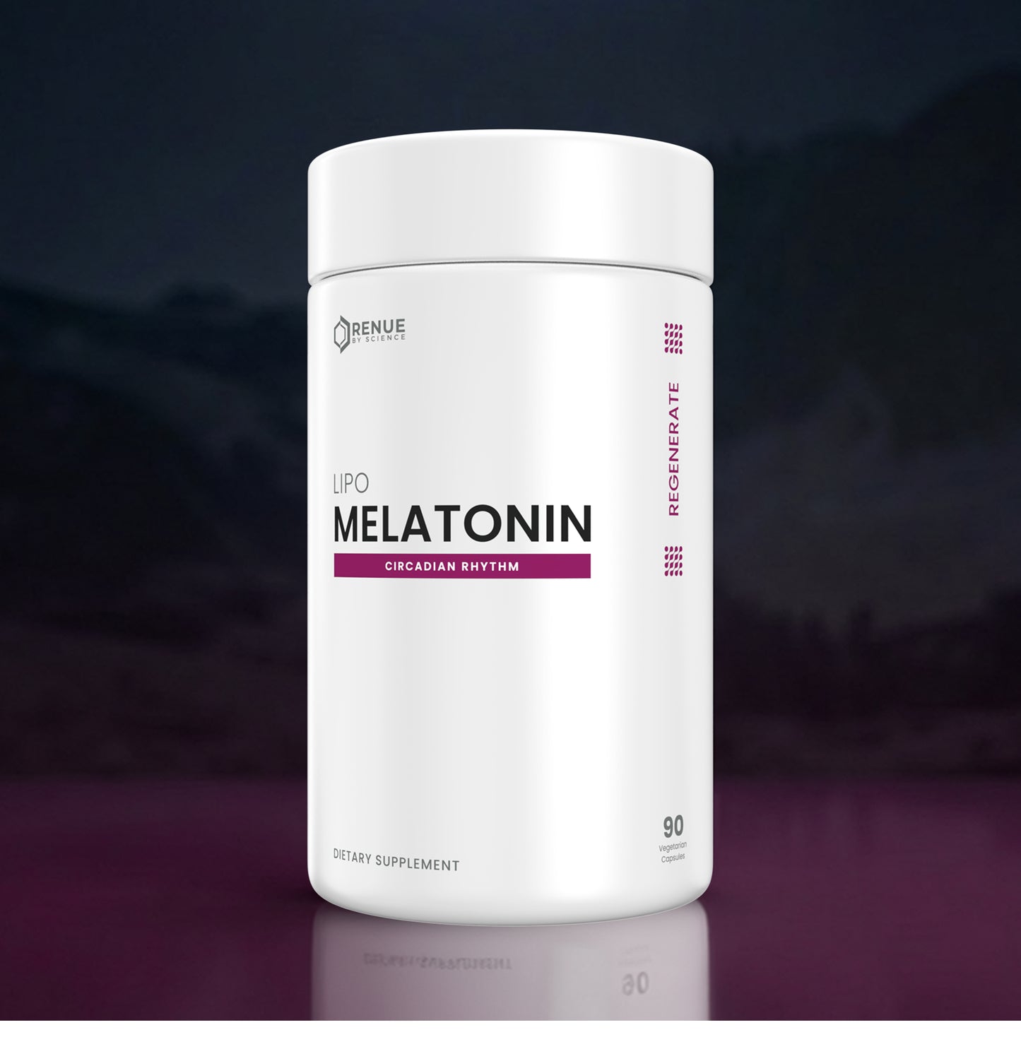 A white cylindrical bottle of Omenue Labs Melatonin dietary supplement, featuring a clean white label with black and purple text, set against a dark, moody background with a purple reflective surface.
