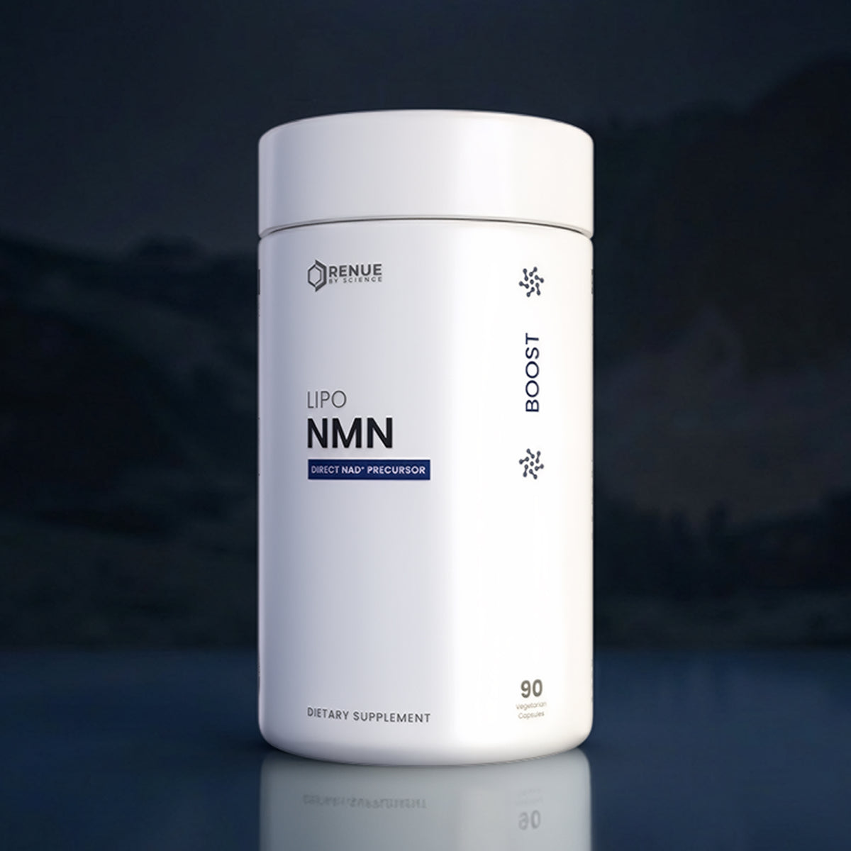 Supplement container labeled 'Lipo NMN' by Renue on a dark background