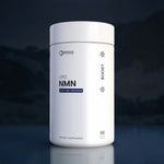 Supplement container labeled 'Lipo NMN' by Renue on a dark background