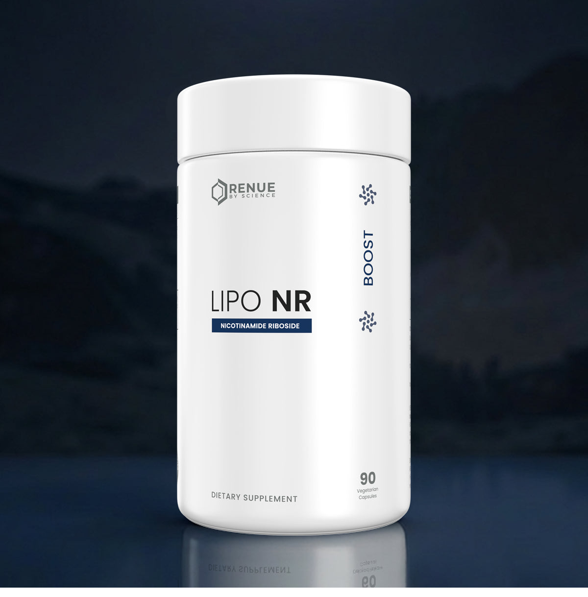 A white cylindrical bottle of Renue Labs Lipo NR dietary supplement, featuring a clean white label with blue and black text, set against a dark, moody background with a subtle reflection below.