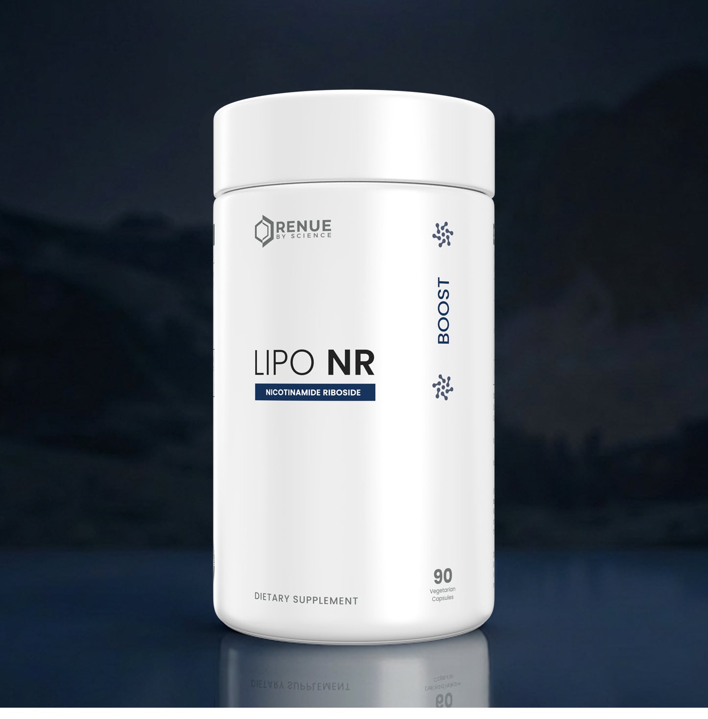 A white cylindrical bottle of Renue Labs Lipo NR dietary supplement, featuring a clean white label with blue and black text, set against a dark, moody background with a subtle reflection below.