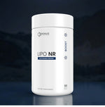 A white cylindrical bottle of Renue Labs Lipo NR dietary supplement, featuring a clean white label with blue and black text, set against a dark, moody background with a subtle reflection below.