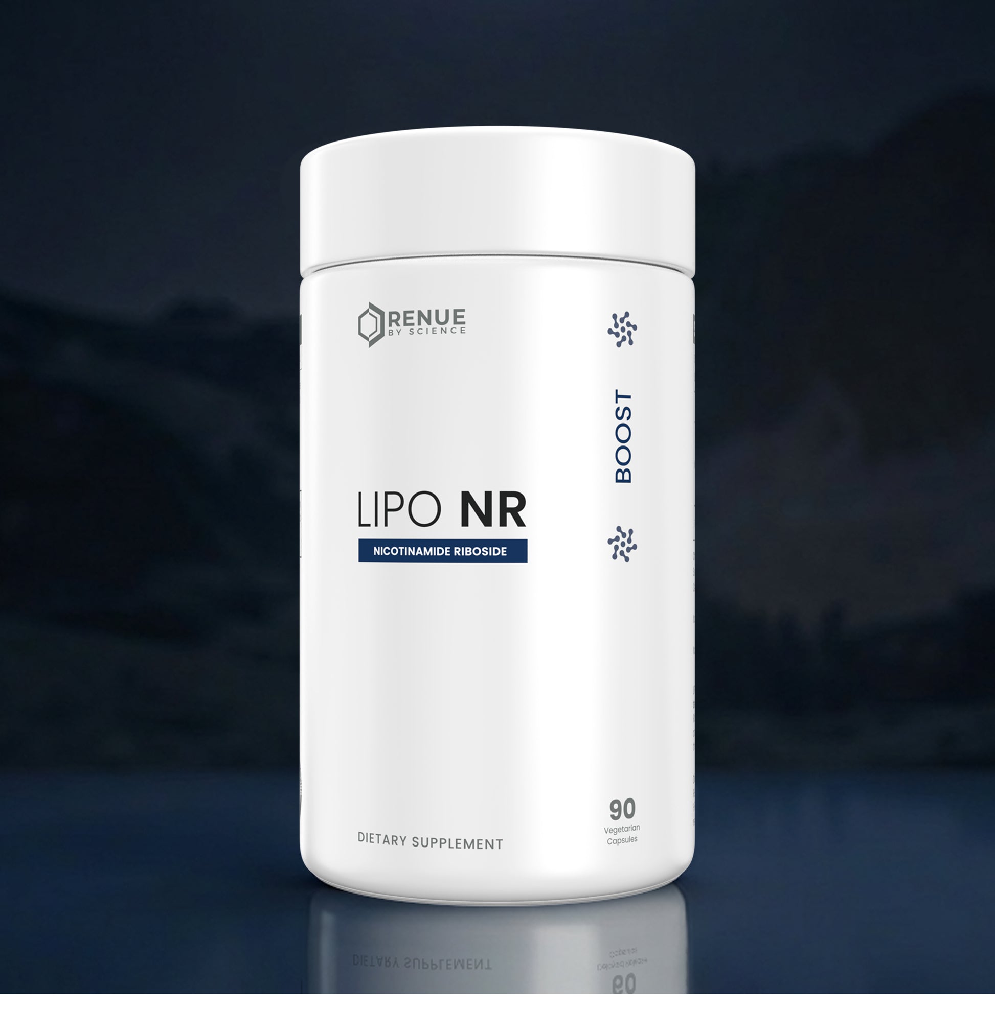 A white cylindrical bottle of Renue Labs Lipo NR dietary supplement, featuring a clean white label with blue and black text, set against a dark, moody background with a subtle reflection below.
