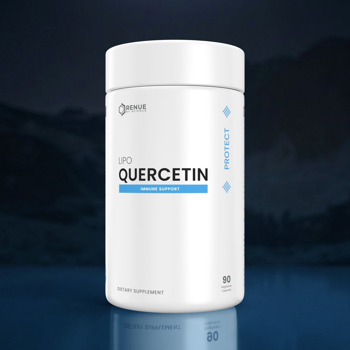 A white cylindrical bottle of Renue Labs LPO Quercetin dietary supplement, featuring a clean white label with blue and black text, set against a dark blue, moody background with a subtle reflection below.