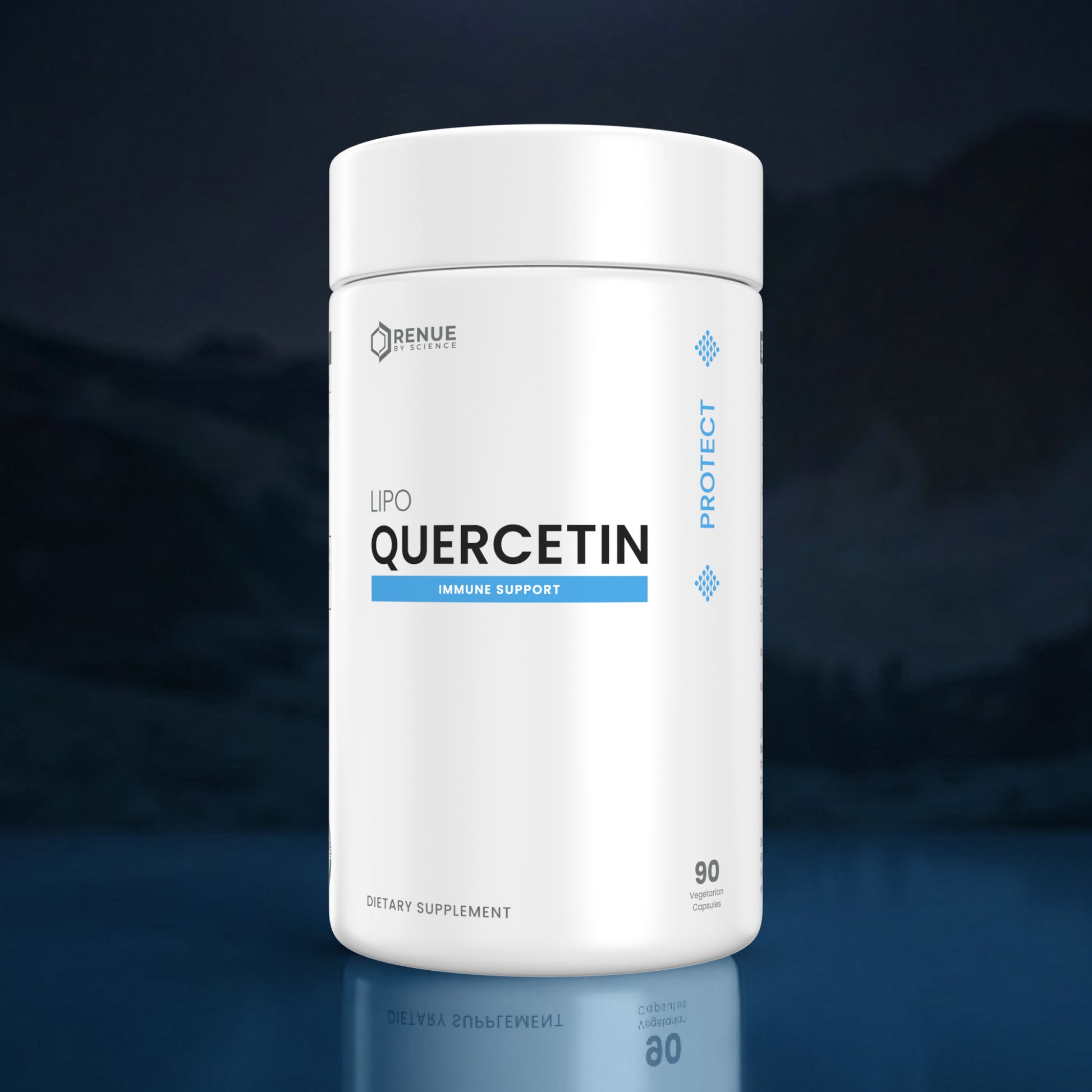 A white cylindrical bottle of Renue Labs LPO Quercetin dietary supplement, featuring a clean white label with blue and black text, set against a dark blue, moody background with a subtle reflection below.