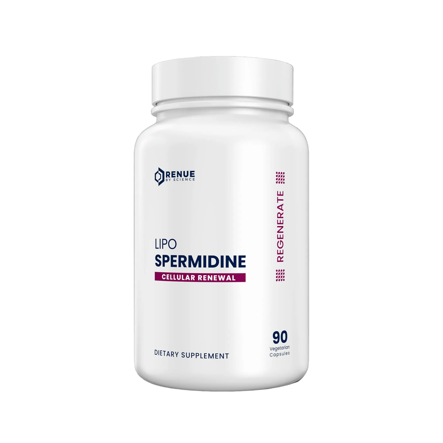 Supplement bottle labeled 'Lipo Spermidine' by Renue on a reflective surface with a dark background