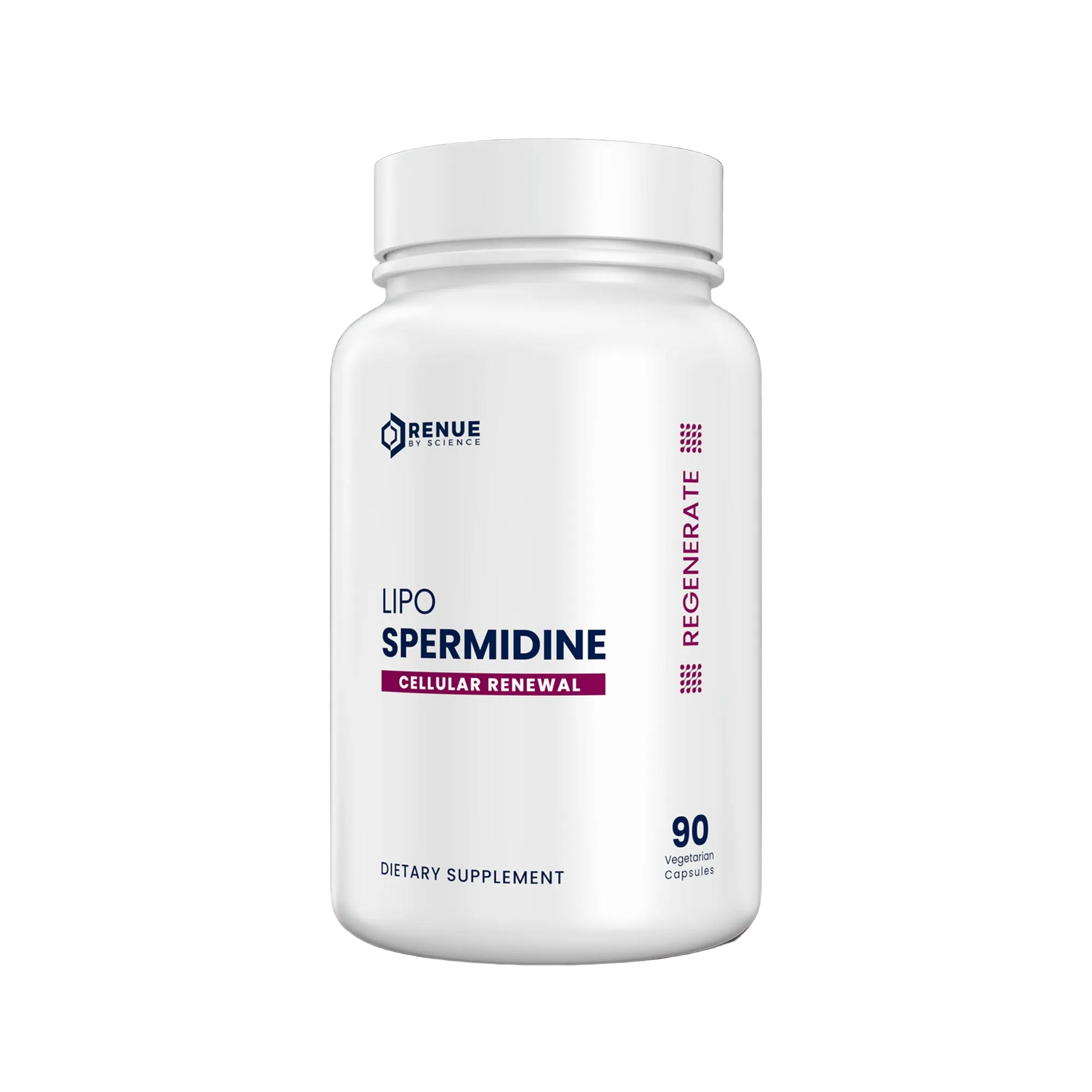 Supplement bottle labeled 'Lipo Spermidine' by Renue on a reflective surface with a dark background