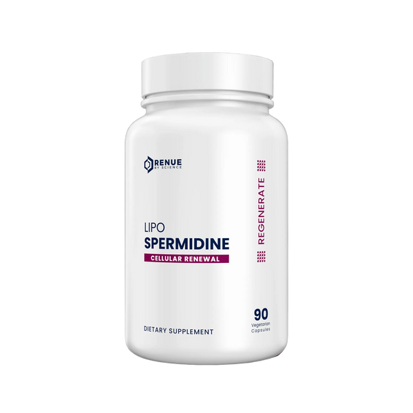 Supplement bottle labeled 'Lipo Spermidine' by Renue on a reflective surface with a dark background