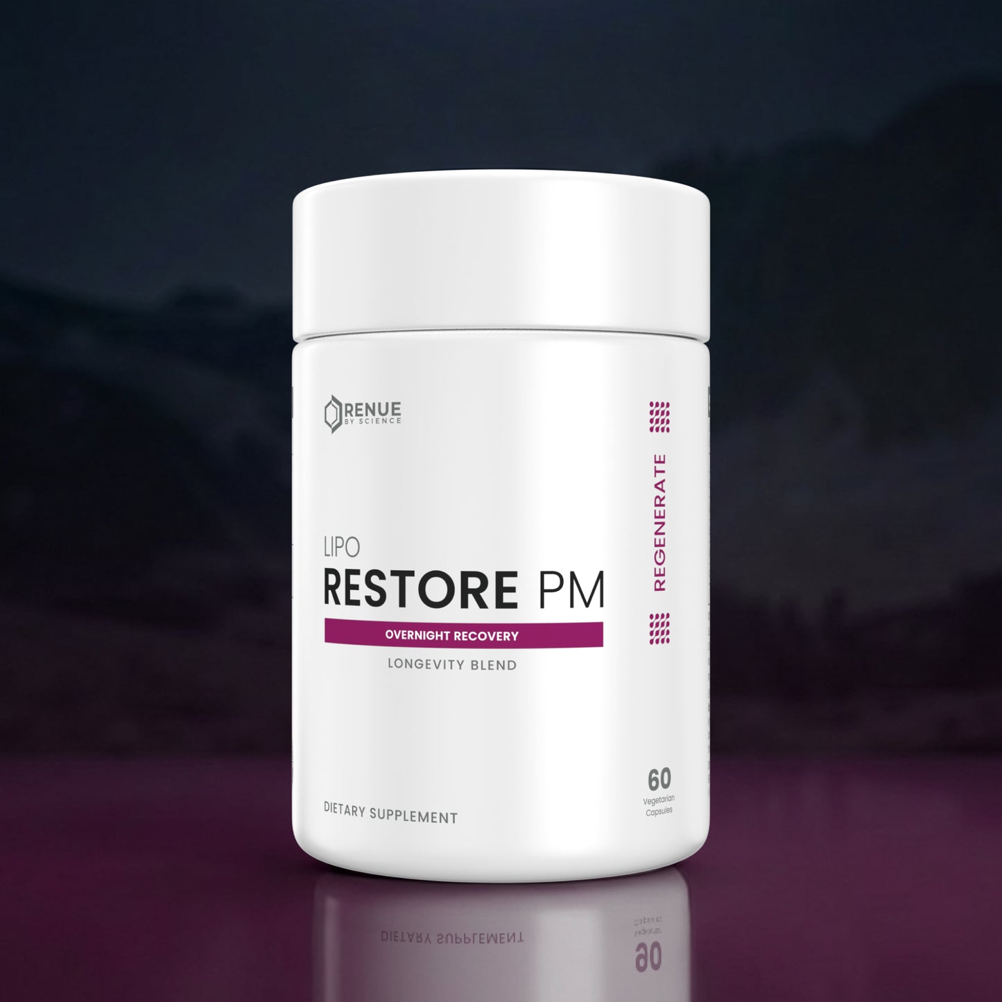 A white cylindrical supplement bottle labeled 'BENUE LIPo RESTORE PM' with purple accents, centered on a dark moody background with a purple reflective surface below.