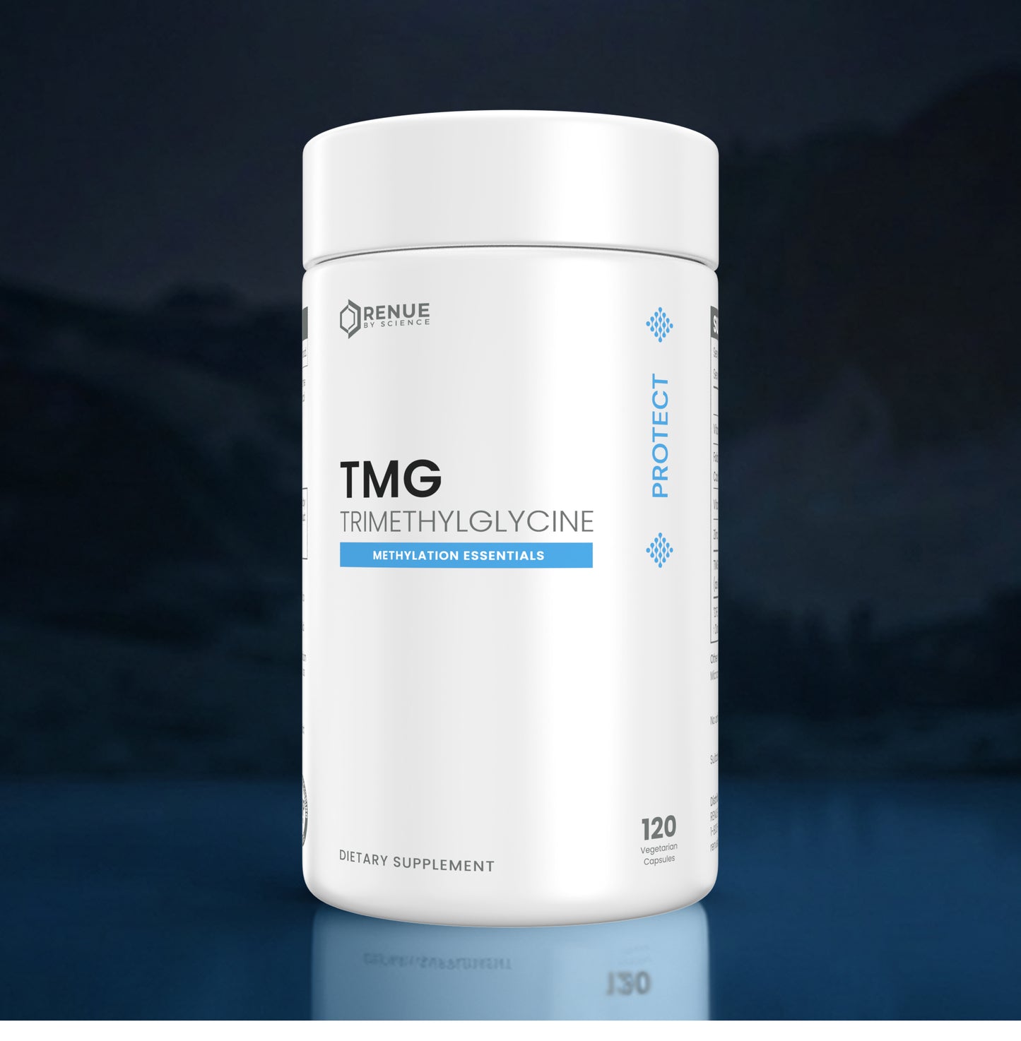A white cylindrical bottle of Openue Labs TMG Trimethylglycine dietary supplement, set against a dark blue background with a subtle reflection below.