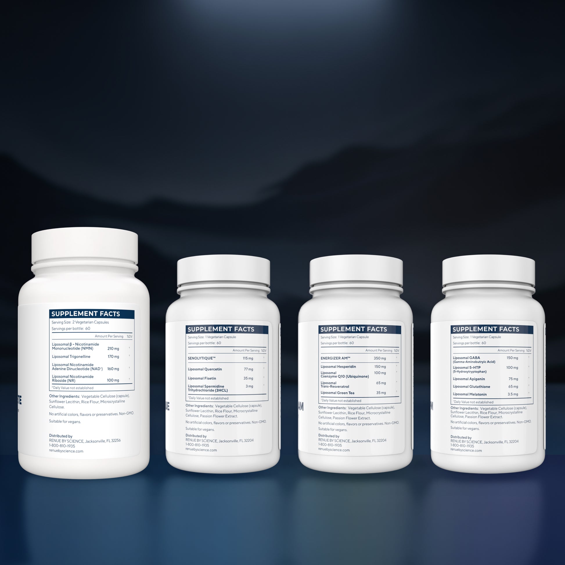 Four white supplement bottles arranged in a row against a dark blue gradient background. Each bottle shows the back label with supplement facts printed in black and blue text.