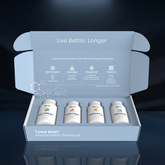 An open light blue box containing four white supplement bottles labeled Total NAD+ Restoration Protocol, set against a dark blue reflective background.