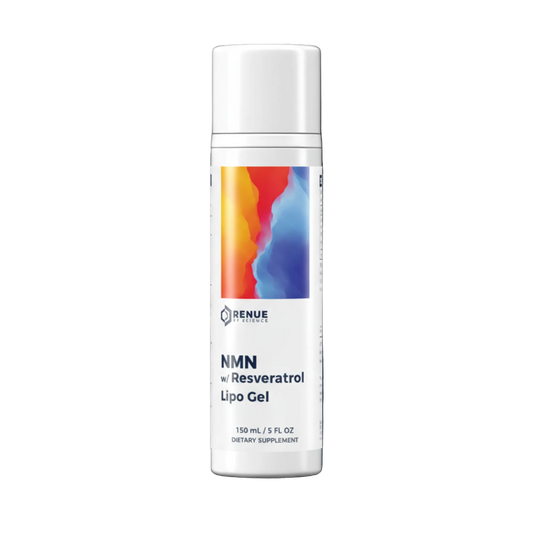 Supplement bottle labeled 'NMN with Resveratrol Lipo Gel' on a white background