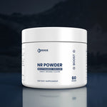 Supplement jar labeled 'NR Powder' with 'Renue' branding on a reflective surface with dark background