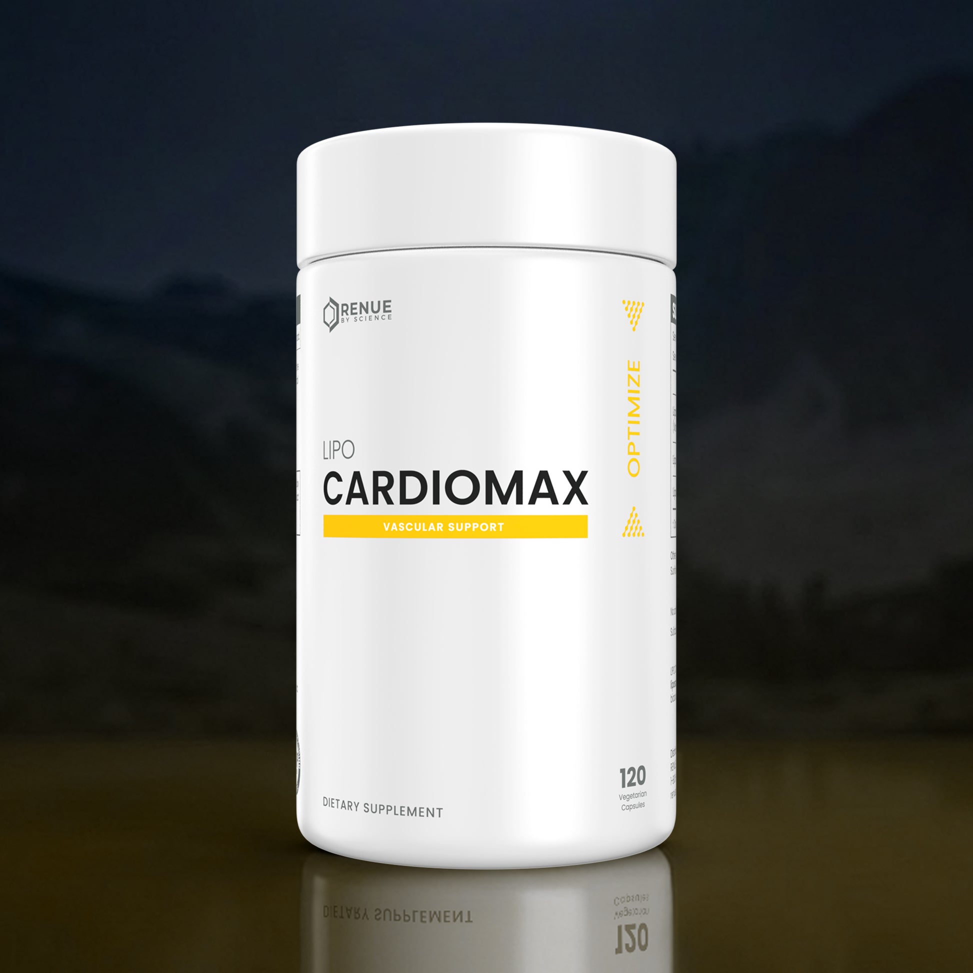 A white cylindrical bottle of Renue Labs UPO Cardiomax dietary supplement, featuring a clean white label with black and yellow text, set against a dark, moody background with a subtle reflection on the surface below.