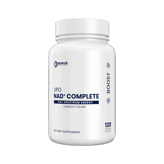 Supplement bottle labeled 'Lipo NAD Complete' on a dark background