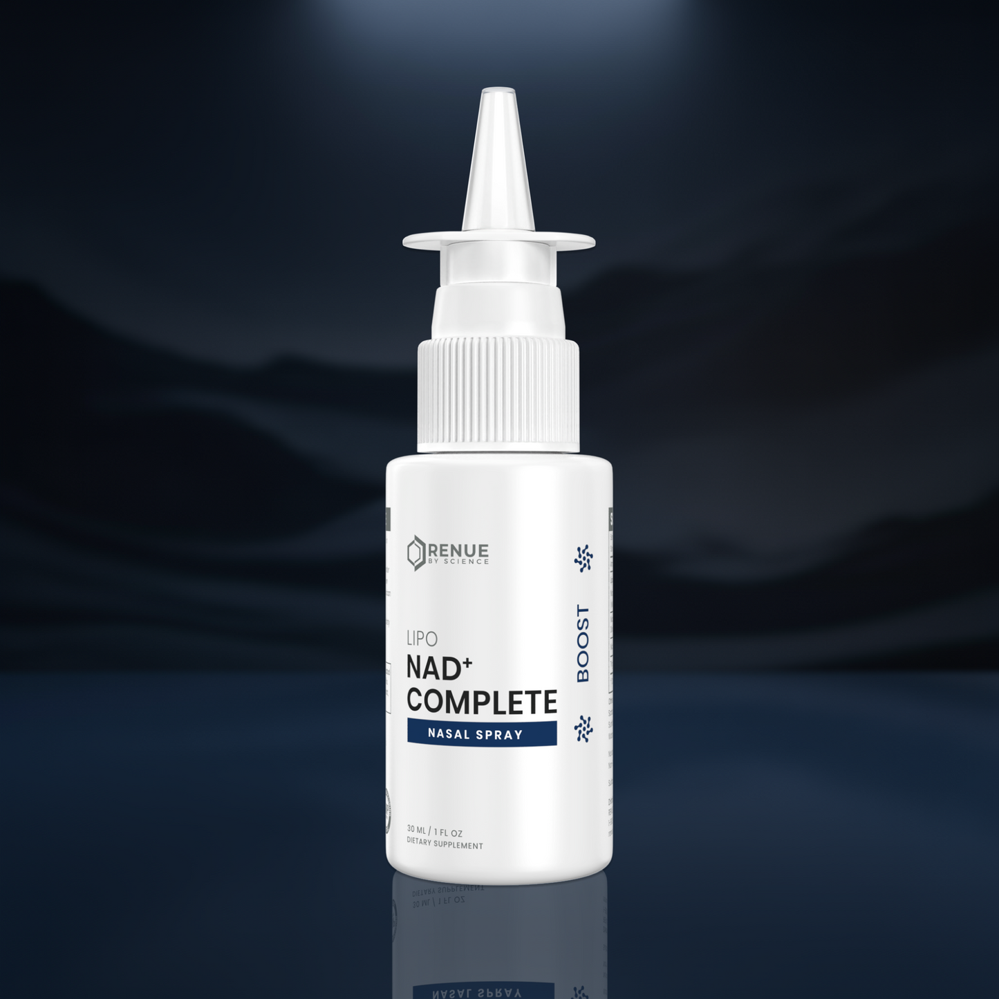 A white bottle of Renue Labs NAD+ Complete Nasal Spray with a pointed applicator nozzle, set against a dark blue, moody background with a subtle reflection below.