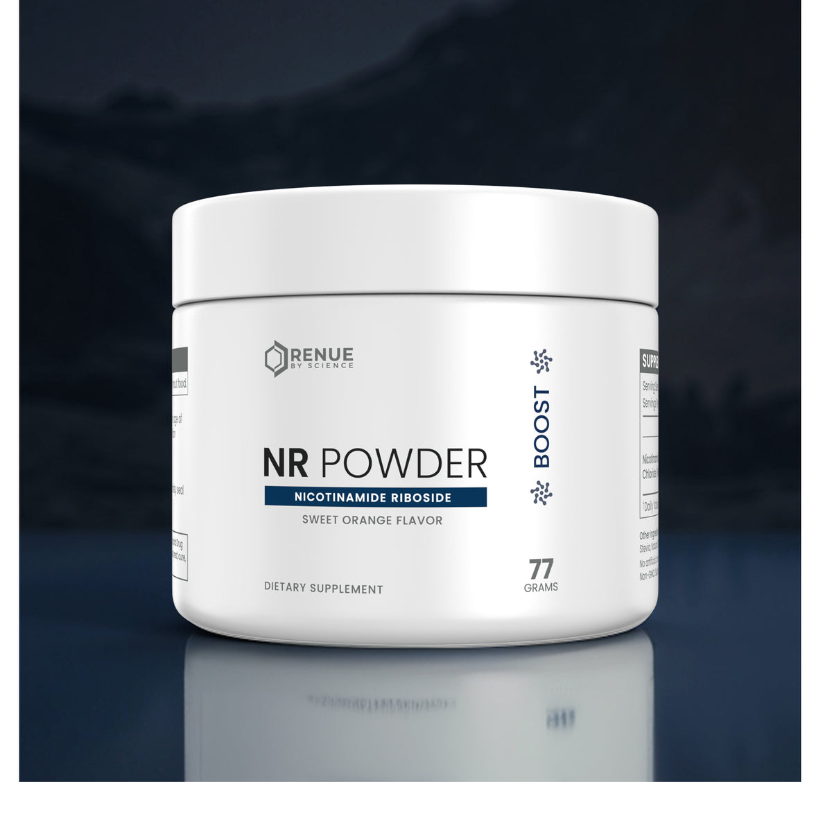 A white plastic tub of Renue Naturals NR Powder dietary supplement, sweet orange flavor, 77 grams, shown on a dark reflective background.