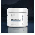 A white plastic tub of Renue Naturals NR Powder dietary supplement, sweet orange flavor, 77 grams, shown on a dark reflective background.