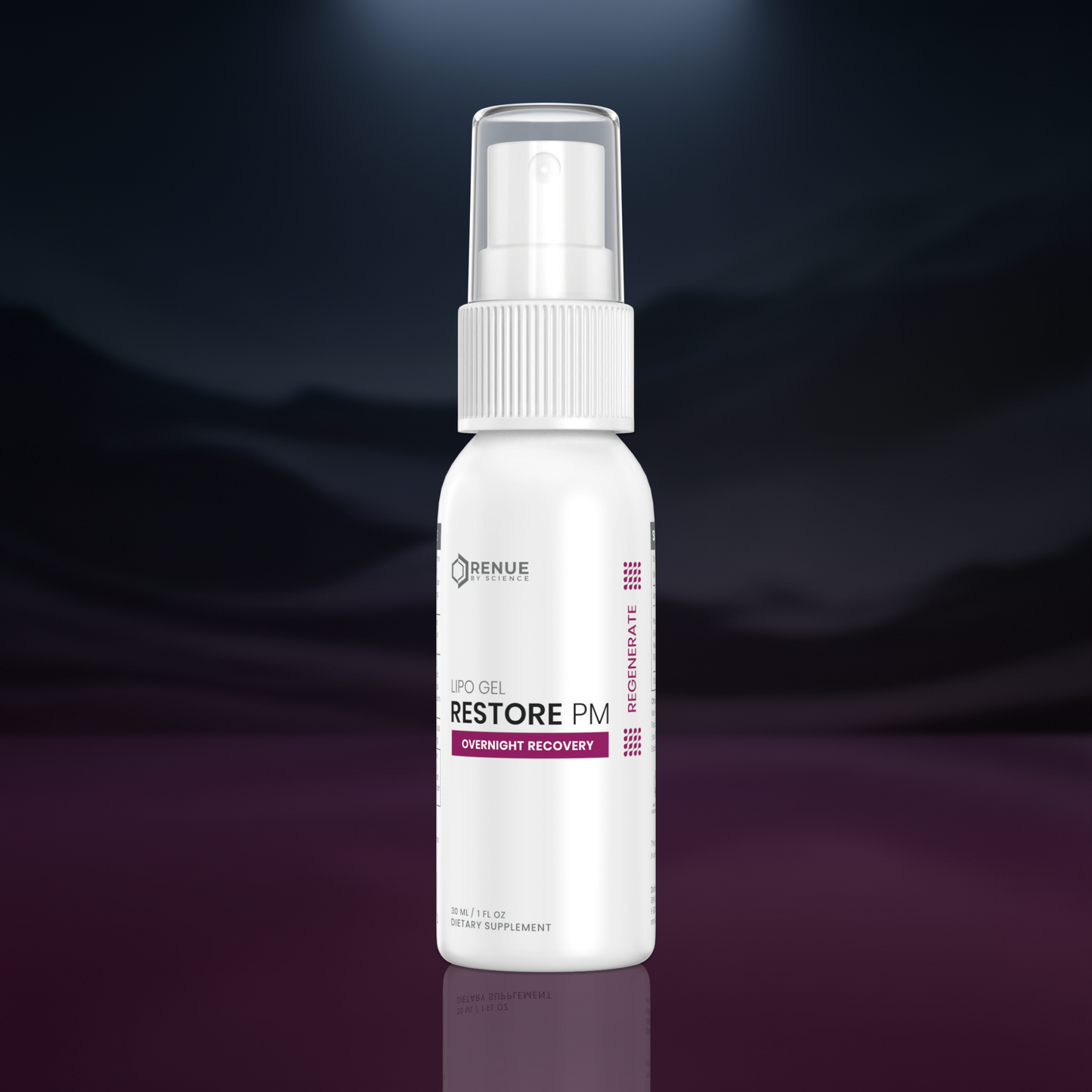 A white pump bottle of Omenue Labs Restore PM Overnight Recovery spray, set against a dark, moody background with a purple gradient and a faint mountain silhouette.