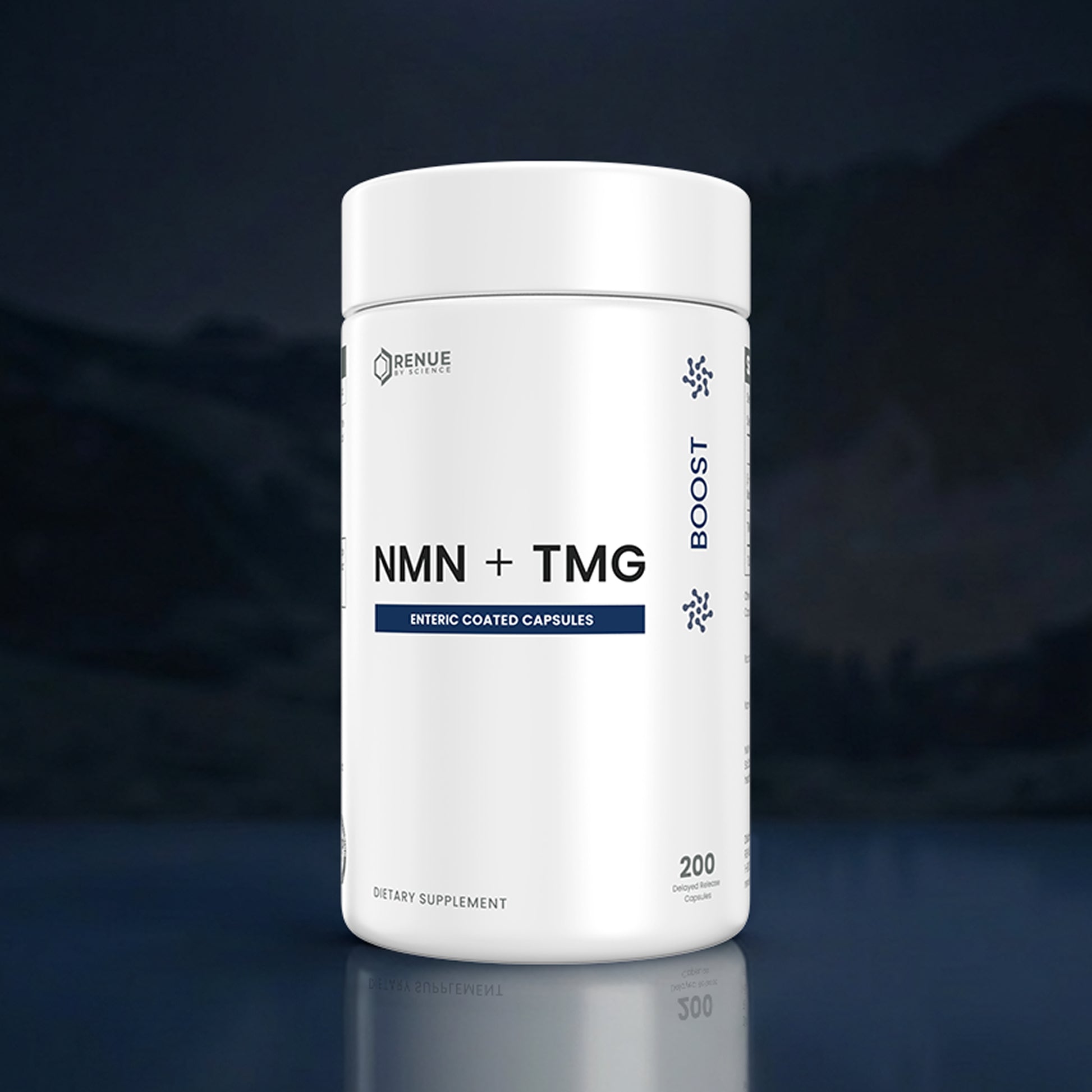 A white cylindrical supplement bottle labeled 'NMN + TMG' with 'ENERIC COATED CAPSULES' and 'BOOST' text, shown on a dark blue reflective surface against a blurred dark background.