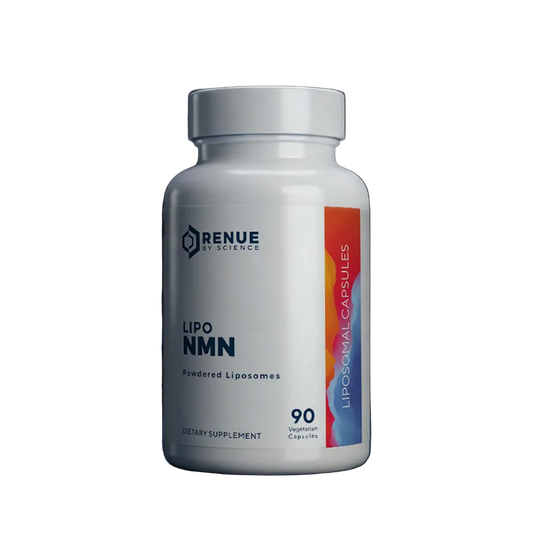 Supplement bottle labeled 'Lipo NMN' by Renue Science on a dark background