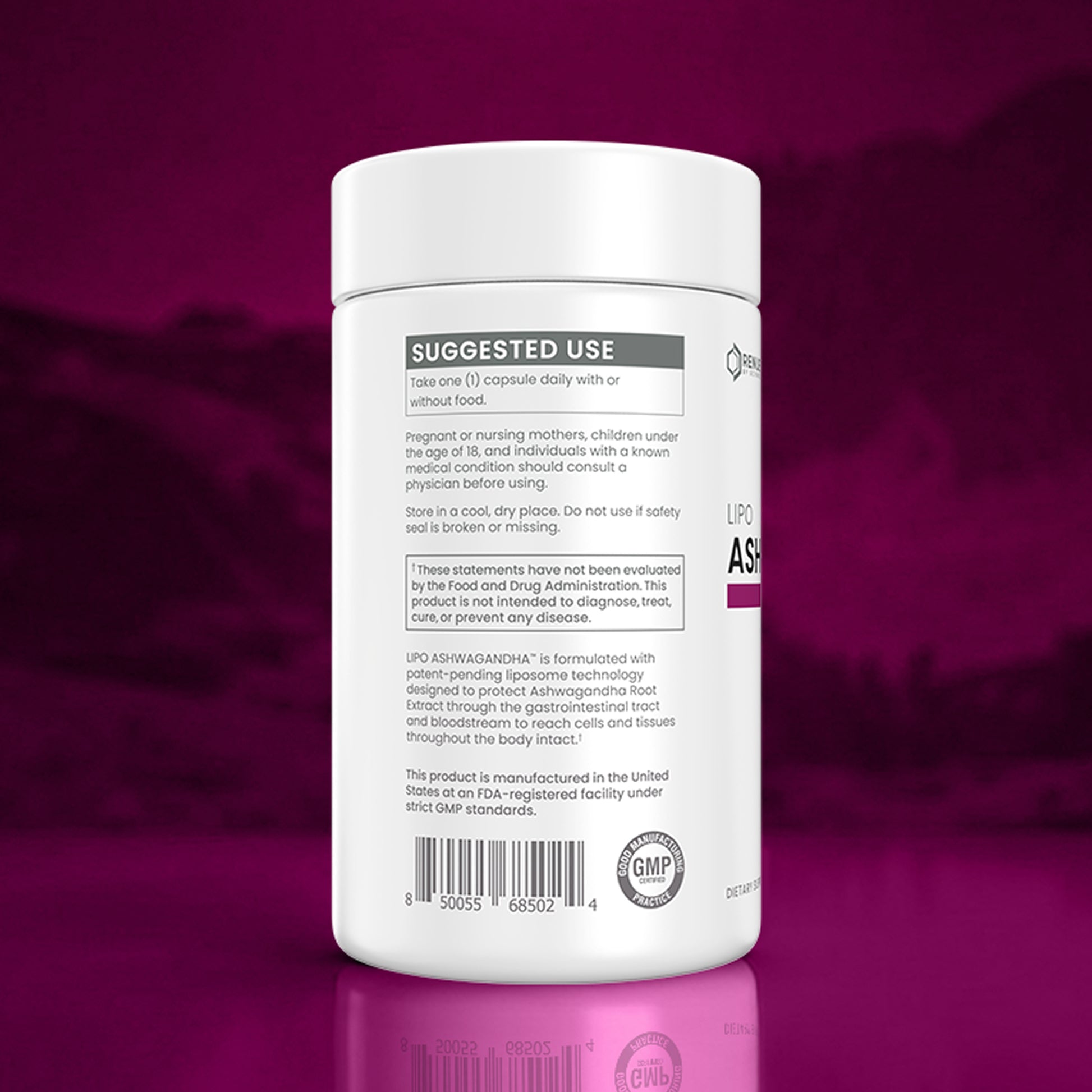 White supplement container with label on a purple background