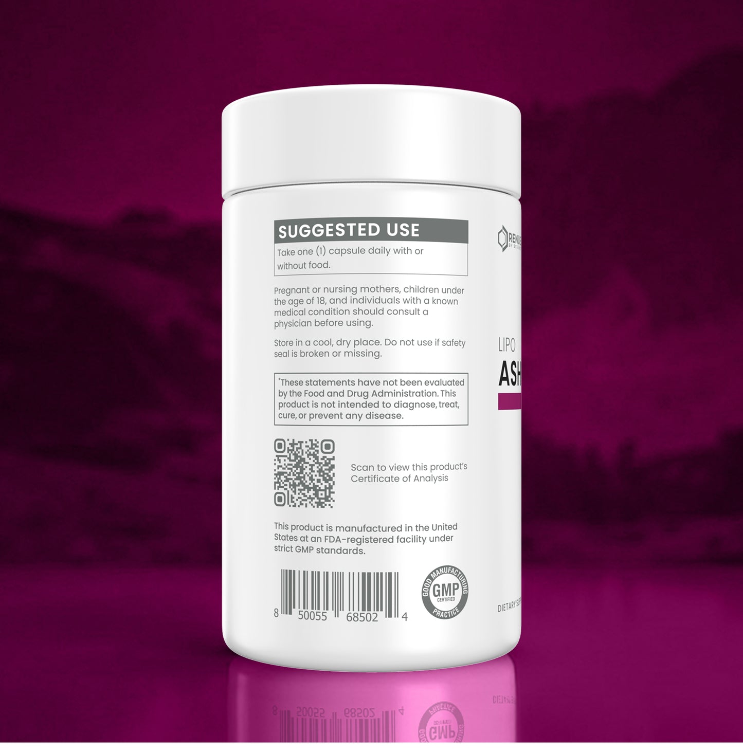 A white plastic supplement bottle shown from the back, featuring a white cap and a white label with black text, a QR code, and a small purple vertical band on the right side, set against a dark magenta gradient background.